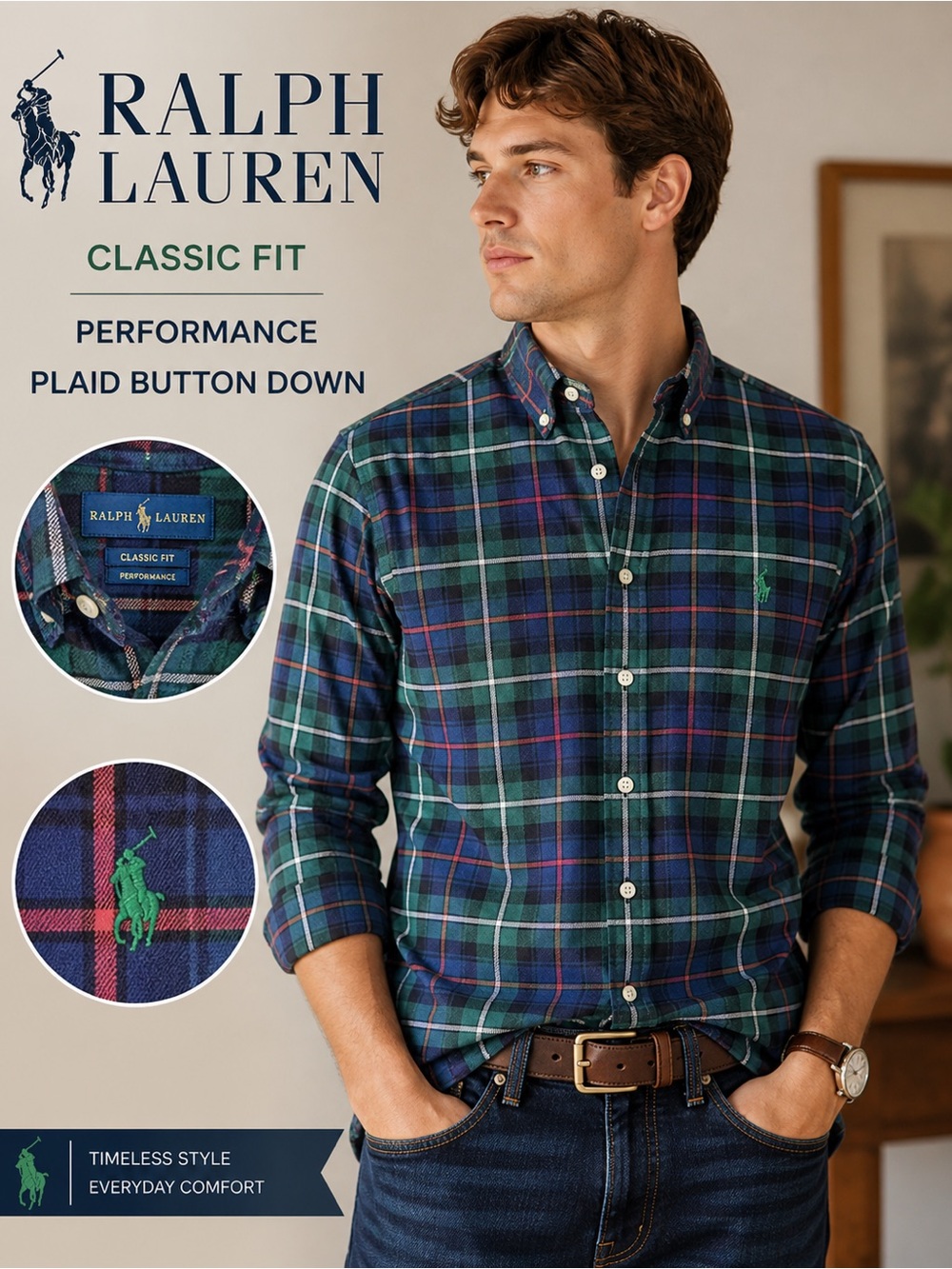 Ralph Lauren Plaid Button Down Shirt Classic Fit Performance Green Blue Red